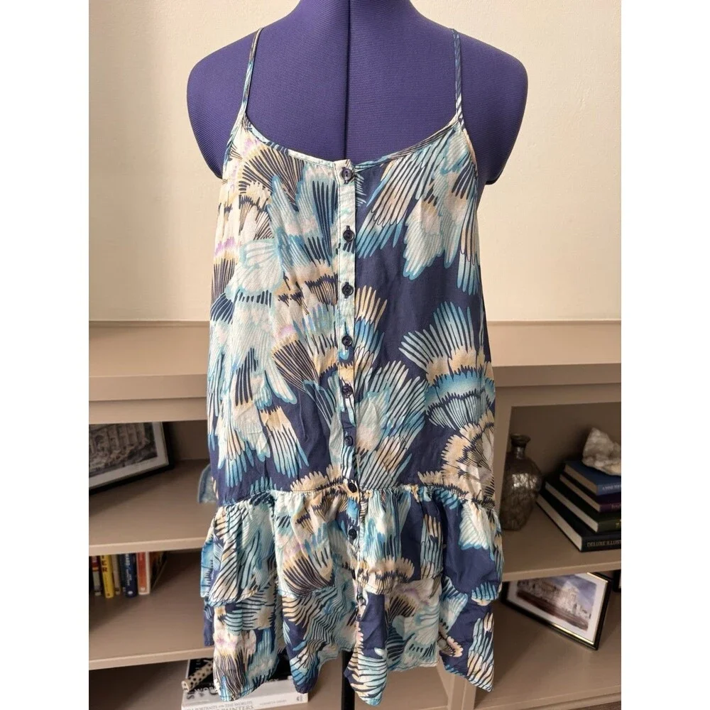Free People Tropical Tiered Ruffle Dress XS Blue White Boho Buttons Pockets